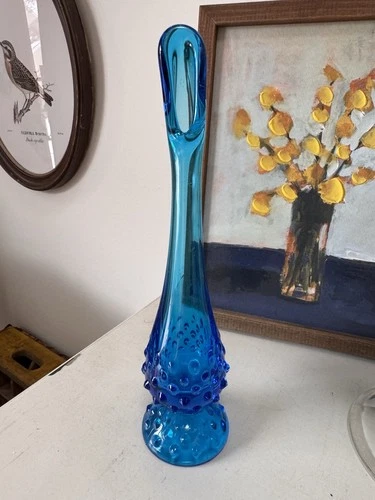 Fenton Art Glass Swung Bud Vase Colonial Blue, Hobnail Bottom, Vintage, 9.5”