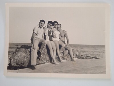 Two Couples at the Beach Suimming Suits Shirtless Vintage Old Photo GREECE VTG