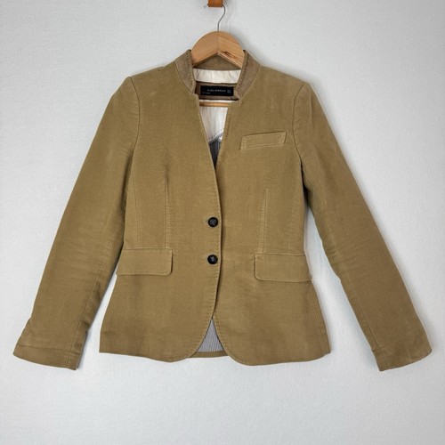 ZARA Equestrian Velvet Camel Blazer Jacket Elbow Patch Size Small S