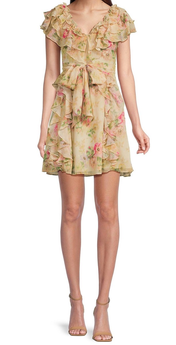 TED BAKER AMMIAH MINI DRESS CHIFFON RUFFLE FLORAL TAN YELLOW