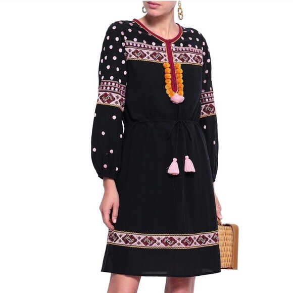 Figue Savannah Embroidered Dress Black Polka Dot Print Cotton Size Large