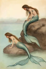 Two Mermaids Sirens Seated on Rock Looking at Bottom Sea Poster Repro FREE S/H