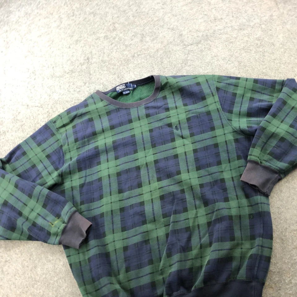 Sudadera Vintage Polo Ralph Lauren Para Hombre Mediana Reloj Negro Tartán Cuadros * Foto 3 de 4