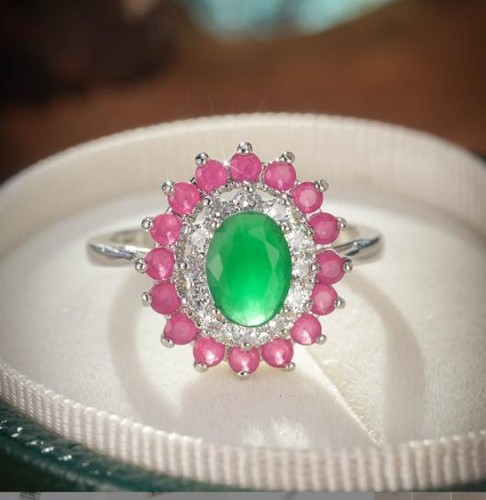 Holiday Gift Flower Shape Green Quartz Red Kunzite Gems Silver Ring Us Size 6-10 - Picture 2 of 6