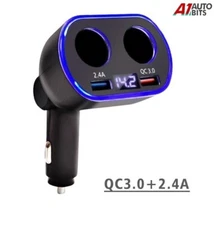12V 24V QC3.0 Car Cigarette Lighter Adapter 2 Way Double Plug Socket Splitter