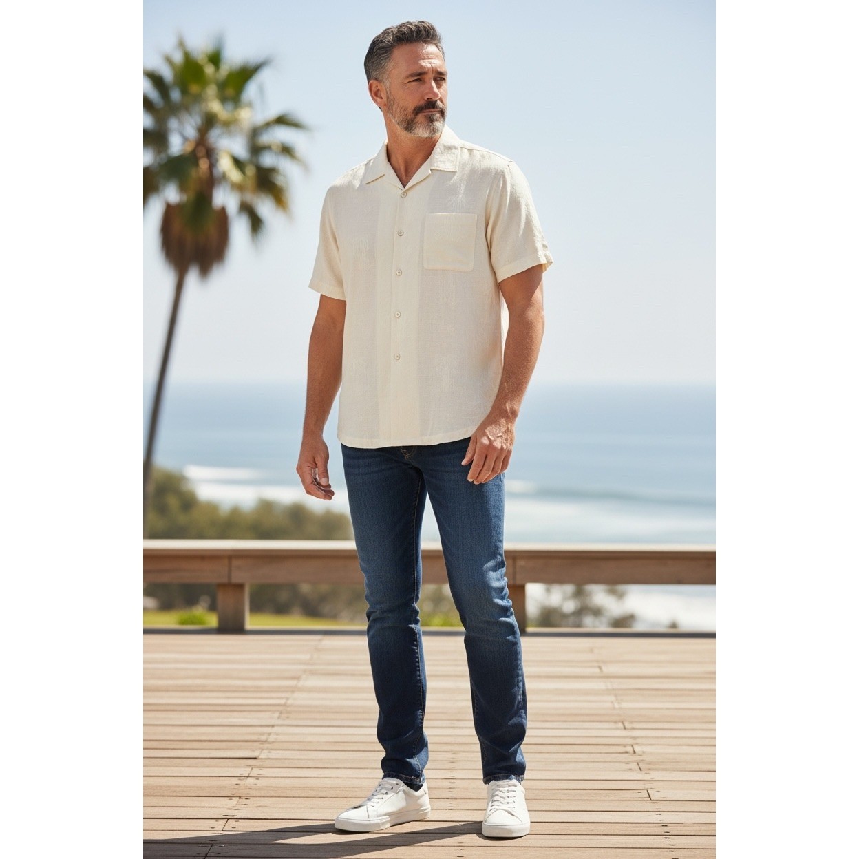 Tommy Bahama Mens Large Silk Camp Shirt Off White Palm Jacquard Short Sleeve L