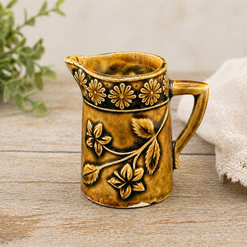 Vintage Miniature Ceramic Creamer Brown Floral Raised Design 2.5" Pitcher