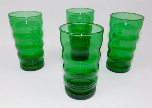 Vtg Set of 4 Anchor Hocking Whirly Twirly Forest Green Glass Tumblers 4.75" Tall