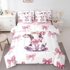 Cow Bed in A Bag,Cartoon Farm Animal Bedding Set Pink Princess Bowknot Twin C...