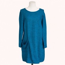 FLAX Teal Blue 100% Linen Tunic Dress Women’s Medium Long Sleeve Pocket