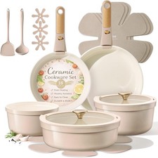 CAROTE 18 Pcs Ceramic Cookware Set Titanium Nonstick with Detachable Handles, No