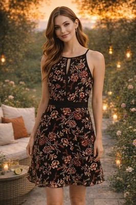 BCX Women s Fit Flare Black Floral Embroidered Mesh Dress Sz 22W Evening Party
