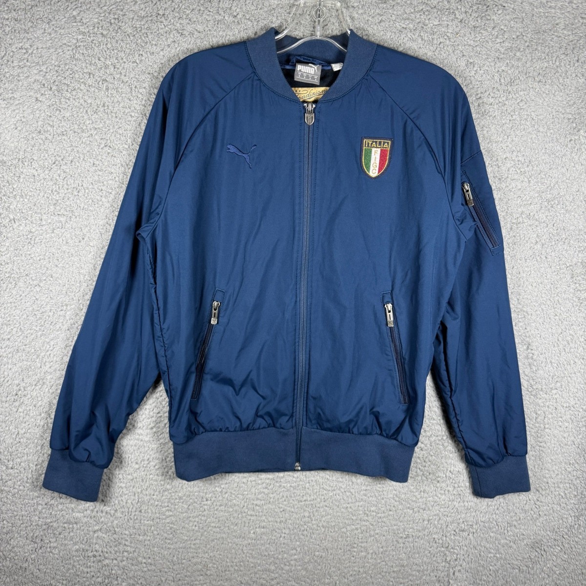 Puma Mens Italia FIGC Tradizione Bomber Jacket Navy Blue Full Zip