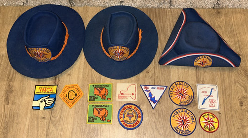 Vintage 1970’s YMCA Trail Blazers Guide Scouts Cowboy+Tri-Corn Hats~Camp Patches