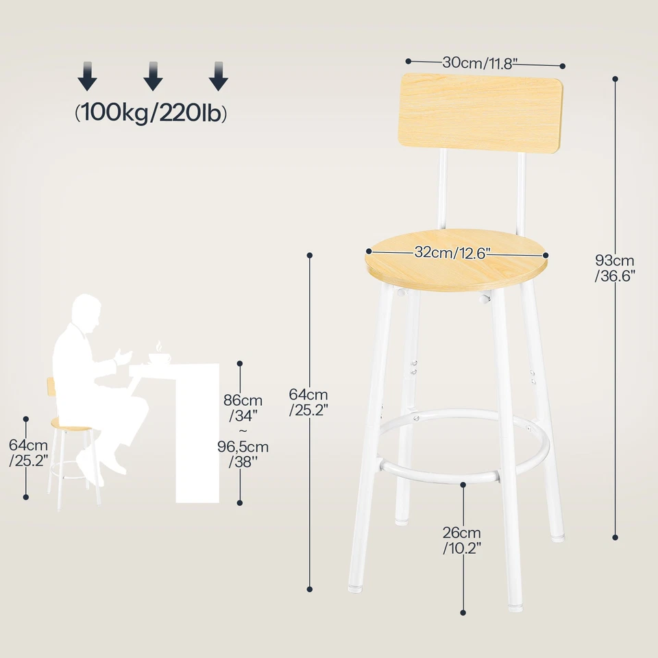 HOOBRO Barhocker 2er-Set Barstuhl Küchenstuhl 32 x 32 x 93 cm Weiß und Naturholz - Bild 4 von 4