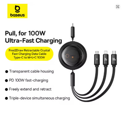 Baseus 100W 3-in-1 Retractable USB-C Charger Cable for iPhone/MacBook/Samsung