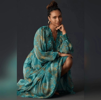 #ad #ad Anthropologie Odetta Ruffle V Neck Midi Dress In Turquoise Medium M $50.99