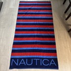NAUTICA Navy Blue Red Cotton Terry Beach Towel Sailboat Themed & Logo 33" X 66”
