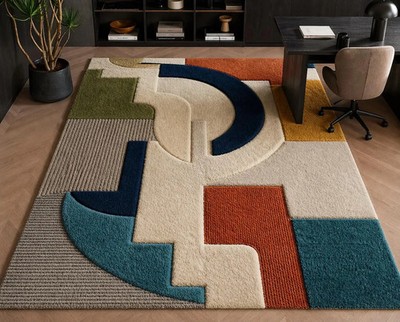 Hand Tufted Abstract Wool Rug, Modern Geometric High-Low Pile Area Rug Carpet