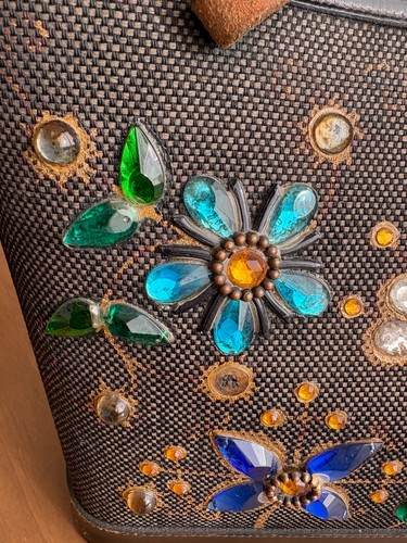 Enid Collins Vintage Jeweled Garden Purse Canvas, Wood, Leather Signed Texas - Picture 6 of 21