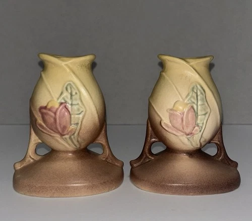 One Pair Of Vintage Roseville Pottery Bud Vases On Stands Floral USA Art Pottery