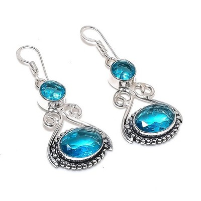 Swiss Blue Topaz Gemstone Handmade 925 Starling Silver Jewelry Earring Size 2''