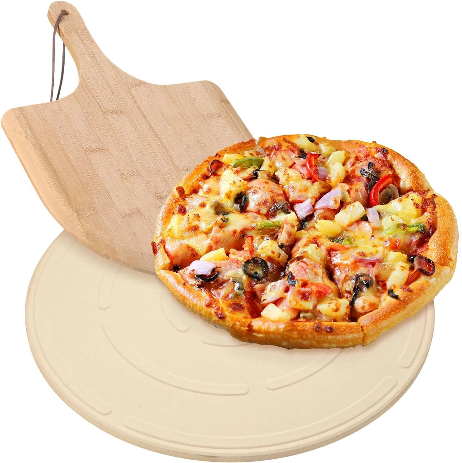 2 PCS Round Pizza Stone W/ Wooden Peel 16" Large Pizza Stone Oven & Grill Round