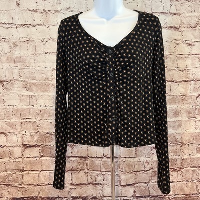 Volcom Women s Black Floral Long Sleeve Sweetheart Stretch Blouse Size XL (12)
