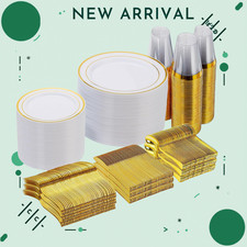 NEW 600PCS Gold Disposable Plates Set Dinner Dessert Cups Forks Knives Spoons