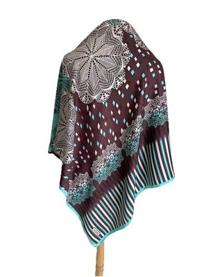 TEKBIR Turkish Pure Silk Twill Scarf Large Square Brown Mint Green Geometric#A78