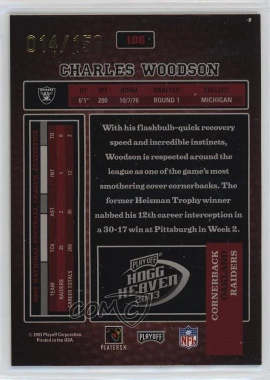 2003 Playoff Hogg Heaven Hogg Wild /150 Charles Woodson #106 HOF - Image 2 of 2