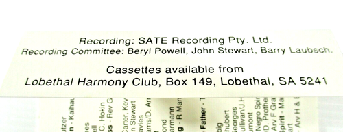 Lobethal Harmony Club Male Choir Sacred Selections 18 Selections Cassette Tape - Picture 5 of 7