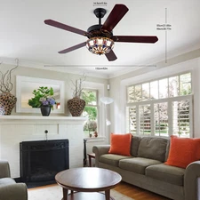 52'' Tiffany Ceiling Fan with 3 Lights +Remote Control, Wooden Ceiling Fans