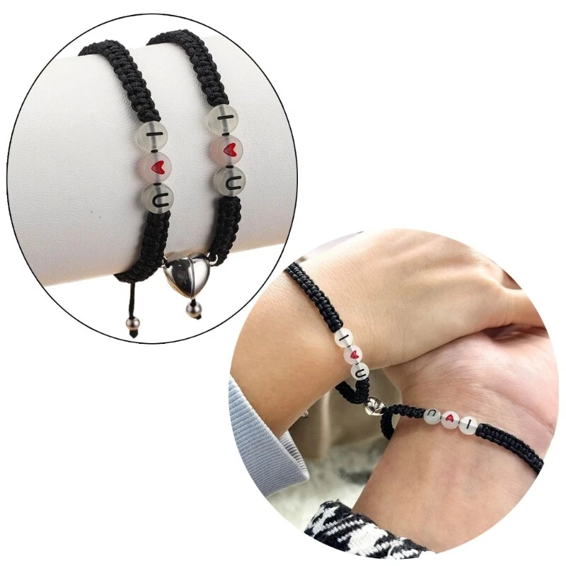 2 Pcs Luminous Letter Bead Braided Bracelet Heart Shape Magnetic Charm Bracelet