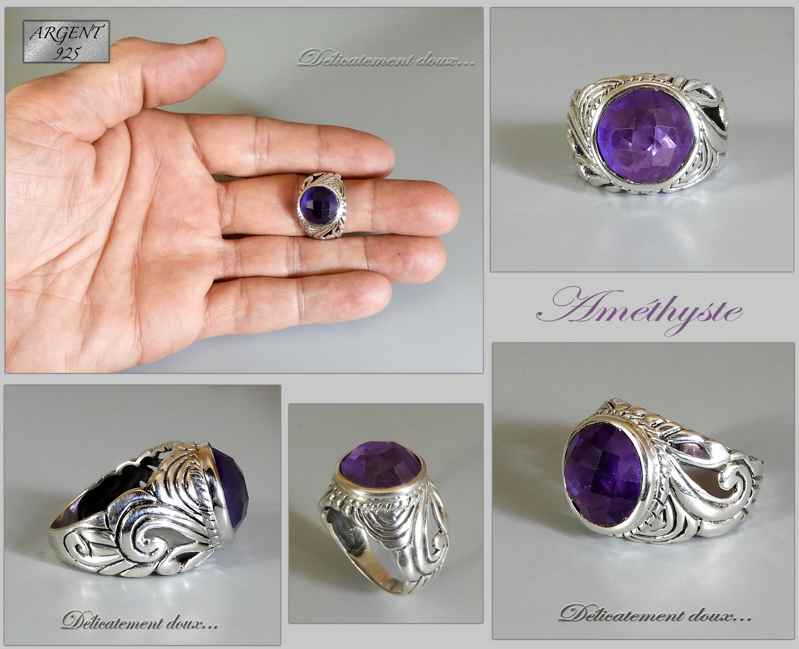 Bague améthyste en argent 925 véritable pour l'harmonie et la sérénité d'esprit