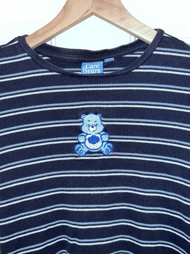 Care Bears Grumpy Embroidered Patch Blue Striped Baby Crop Tee T Shirt Large L - Picture 3 of 7