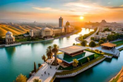 Panoramablick auf Abu Dhabi, Vereinigte Arabische Emirate bei Sonnenuntergang (2