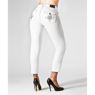 Tru Luxe Jeans Womes 26/2 White Denim Dazzled Back Miami Cropped Skinny Jean NWT