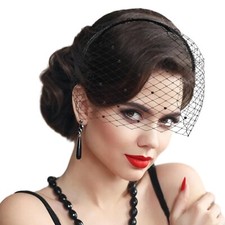 Black Veil Headband Mesh Black Fascinators Birdcage Veil Vintage Lace Veil 19...