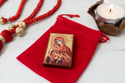 Miniature Handmade Icon with Virgin Mary Aksion Estin in Velvet Storage pounch