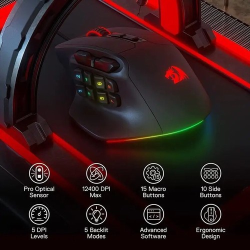 Redragon M811 Aatrox MMO Gaming Mouse 15 Programmable Buttons Wired RGB Gamer - Picture 9 of 12