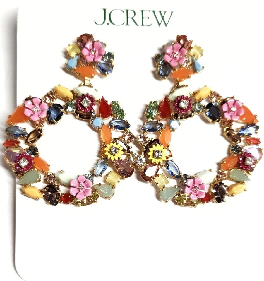 J.Crew Watusi 水晶花卉花圈耳环 多色 浅金色 牛 黄铜 全新 — 第 2/4 张图片