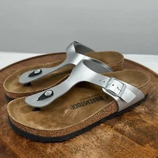 Birkenstock Sandals 38 Reg (US 7) Silver Metallic Leather Gizeh Thong Toe Post