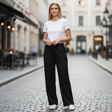 Black Wide Leg High Waisted Trousers Pleated Front Elastic Waist Dress Pants