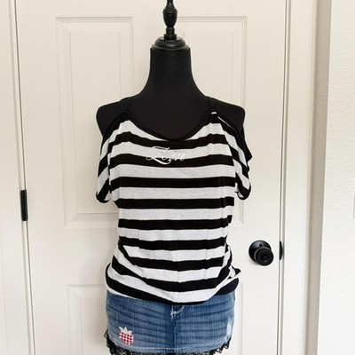 Y2K Japan Zein Black & White Striped Cold Shoulder Top/ Size Medium