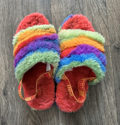 UGG Fluff Yeah Women's Multicolor Rainbow Striped Faux Fur Slide Slippers US 6