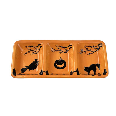 Sur La Table Orange Ceramic Witch Pumpkin Cat Divided Rectangle Serving Tray
