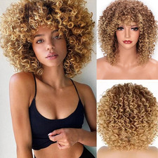 Afro Blonde Curly Wigs for Black Women,Kinky Blonde Wig with Bangs Synthetic Hea