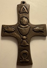 Massives Bronze Wandkreuz mit christlichen Symbolen - Erstkommunionsgeschenk r.k