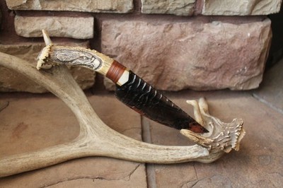 Tri Flow obsidian~carved elk antler knife handle~Flintknapping~deer knife handle